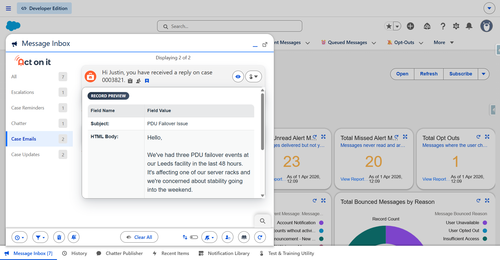 Case email notification in Act On It inbox
