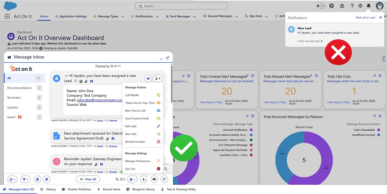 Comparison screenshot showing the Act On It inbox experience alongside Salesforce context.